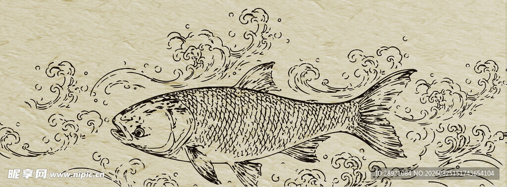 水中游鱼的古朴插画