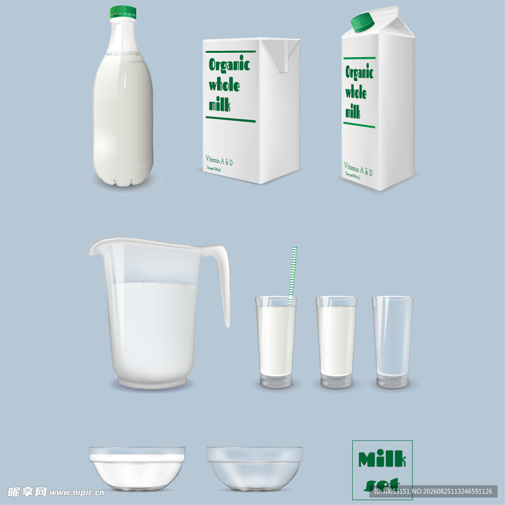 多样牛奶饮品及容器展示