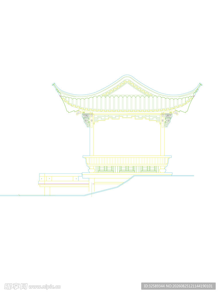 中式古典亭子建筑线条图
