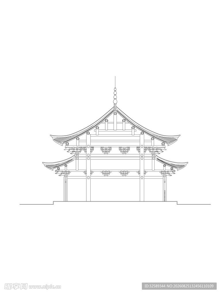 中式古建筑楼阁线稿图