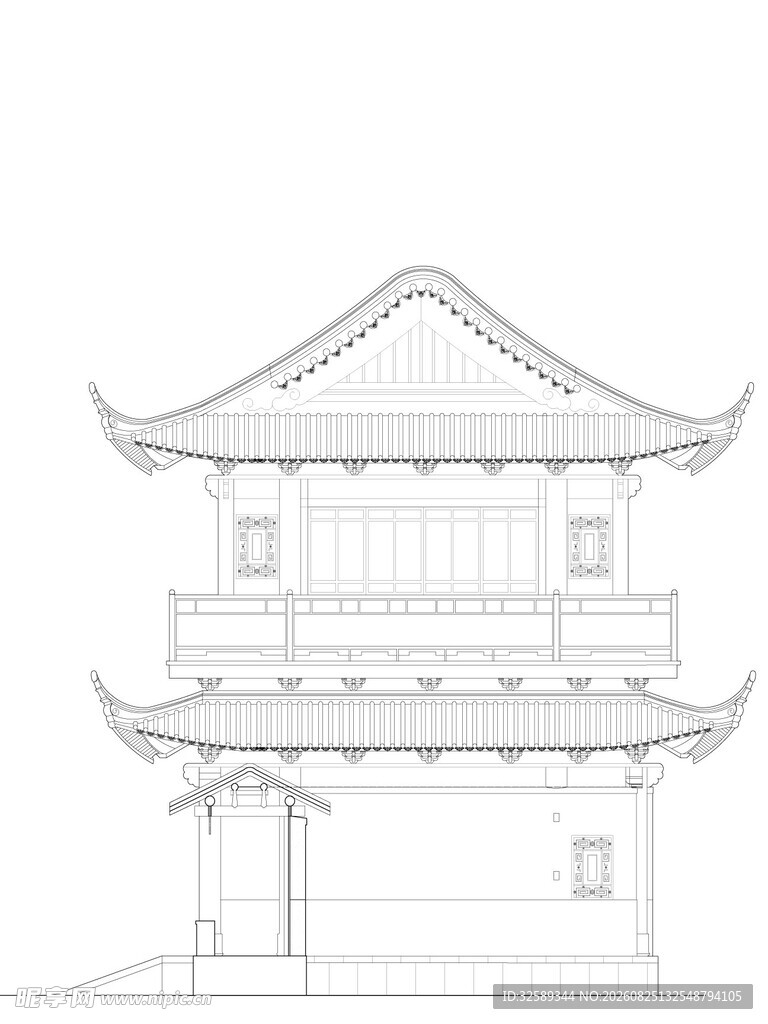 中式古建筑楼阁线稿图