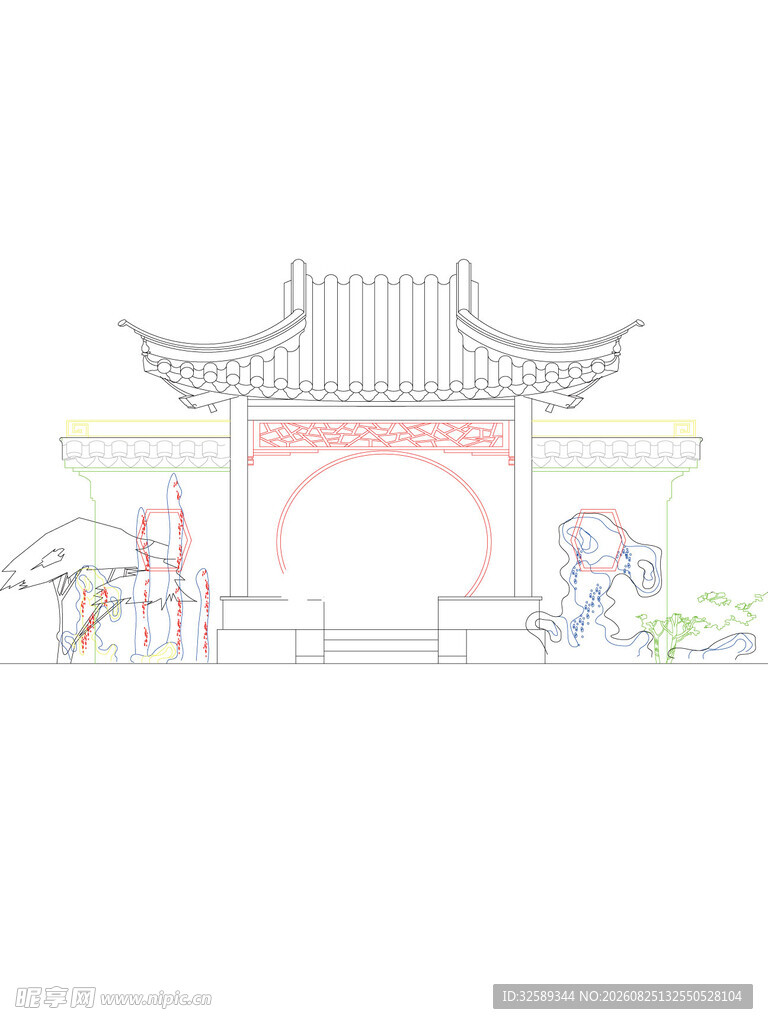 中式古建筑线稿场景