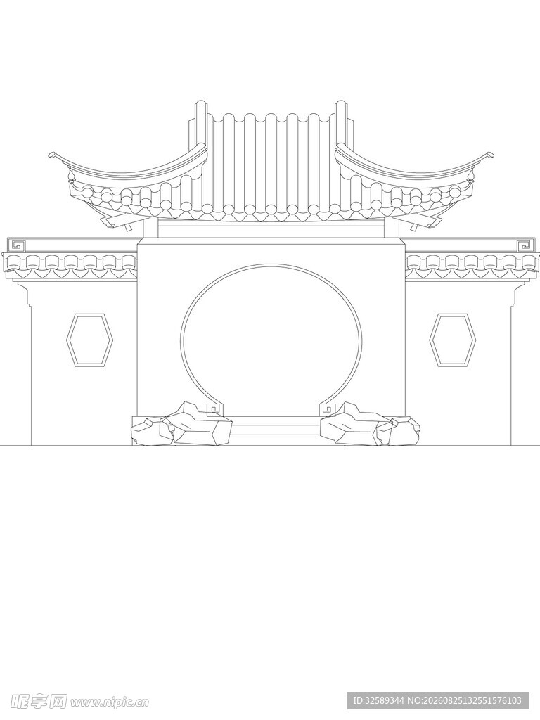 中式古典建筑门楼线稿图