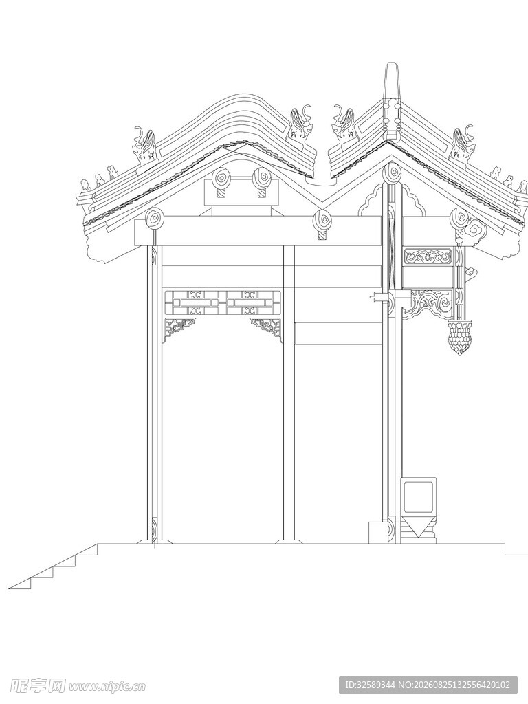 中式传统门楼建筑线稿图