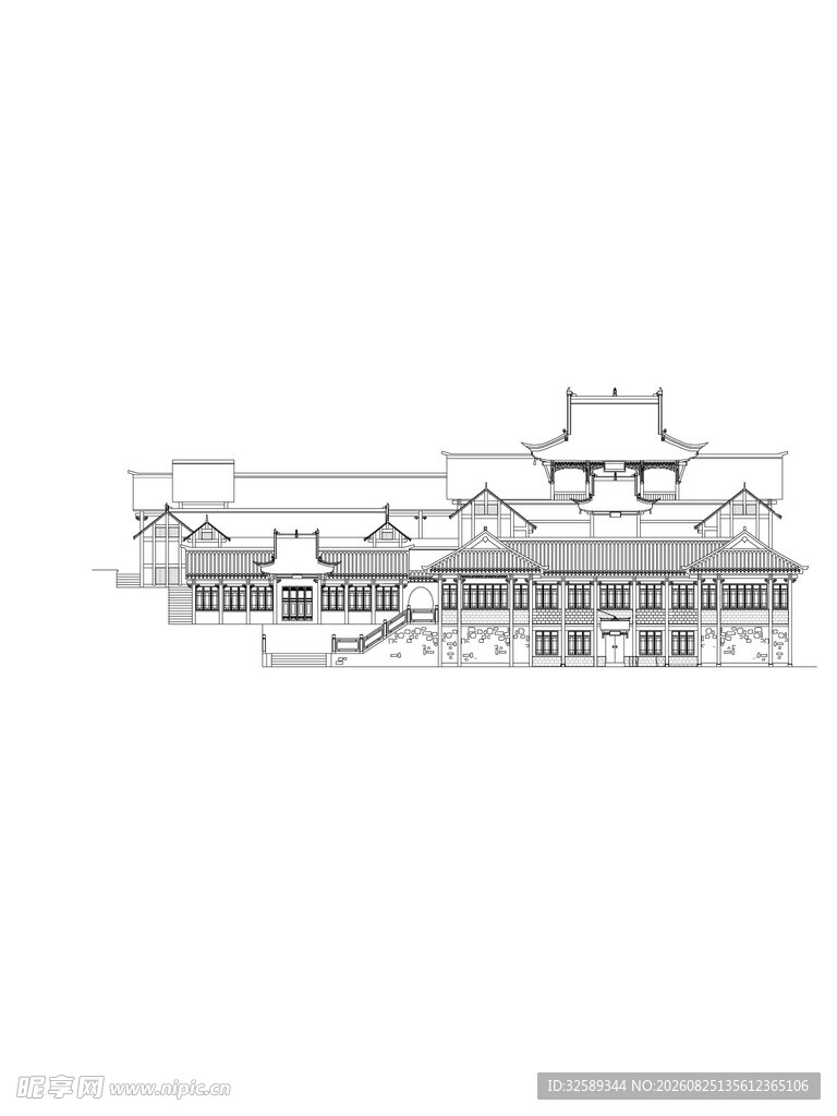 中式古建筑线描景观图