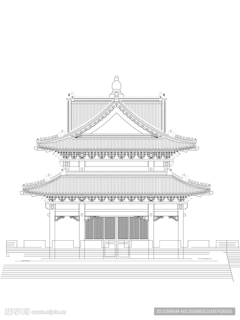 中式双层古建筑线稿图