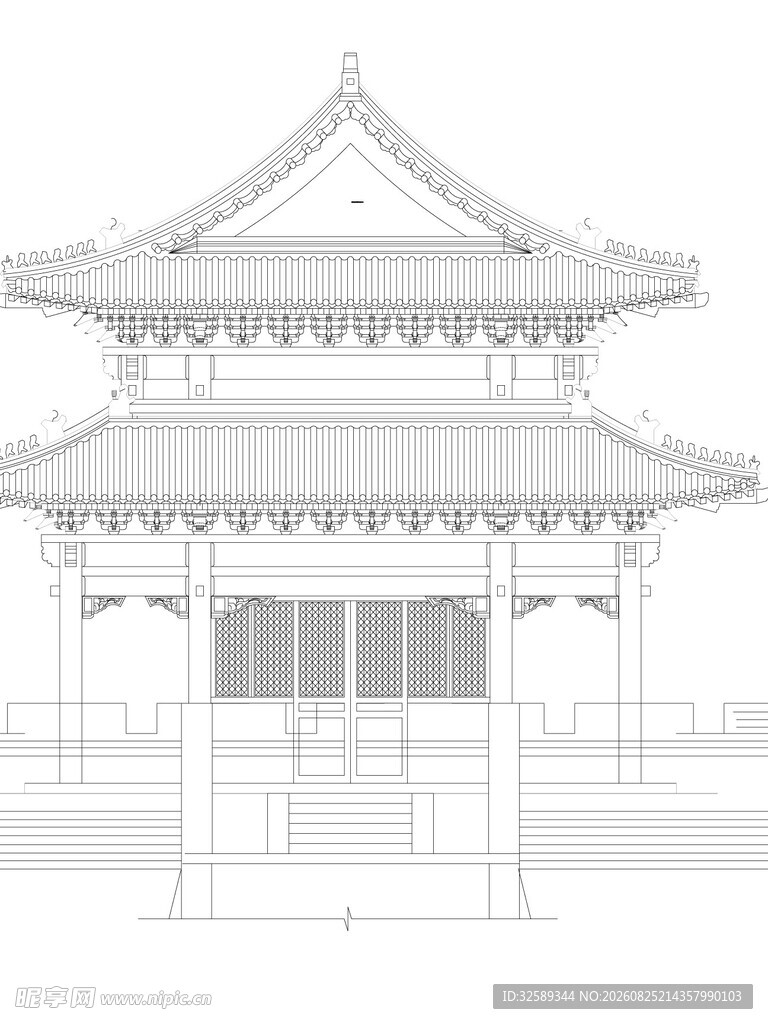 中式传统双层建筑线稿图