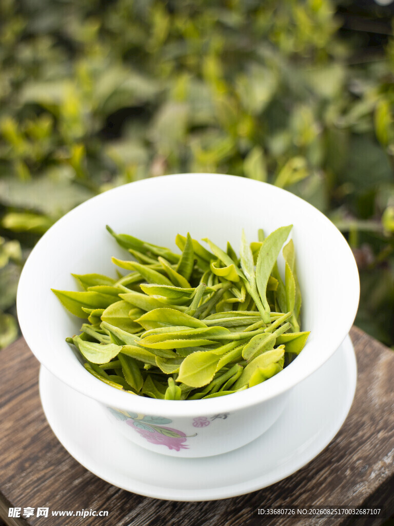 瓷碗中的鲜嫩茶叶