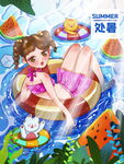 女孩夏日泳池惬意漂浮