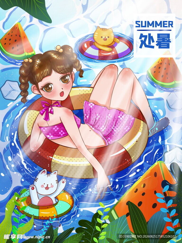 女孩夏日泳池惬意漂浮