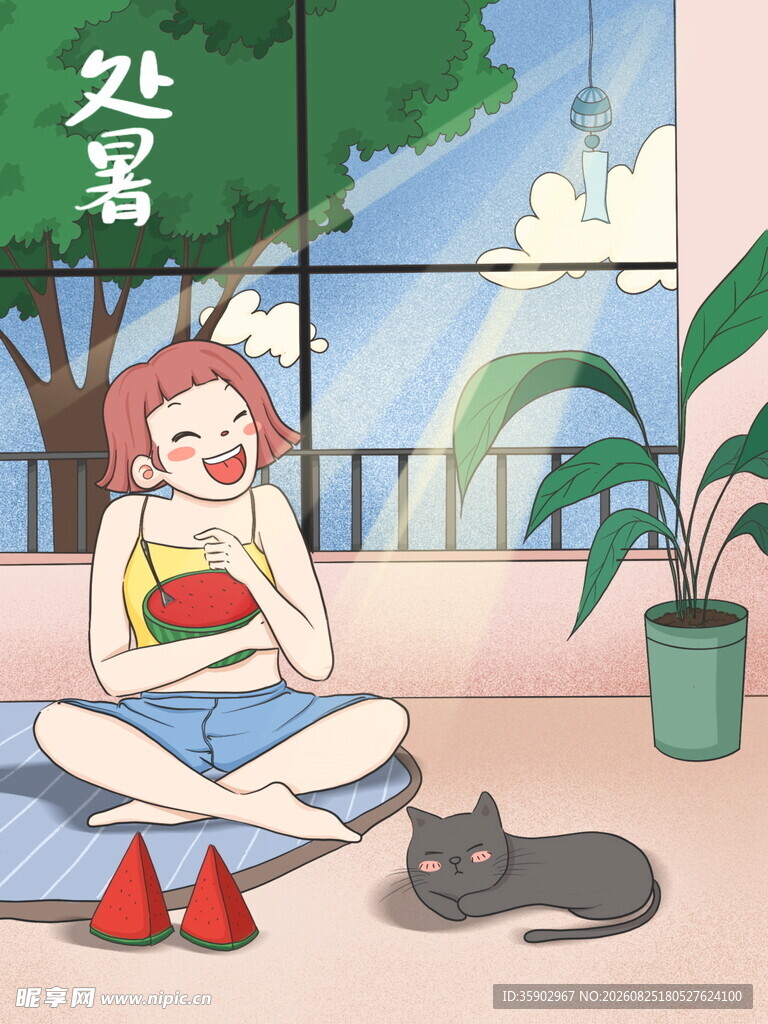 夏日女孩与猫的惬意时光