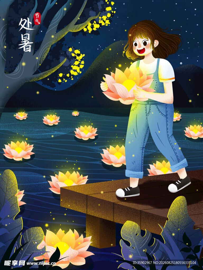 女孩荷塘持灯赏景