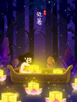 梦幻夜湖中的祈福放灯场景