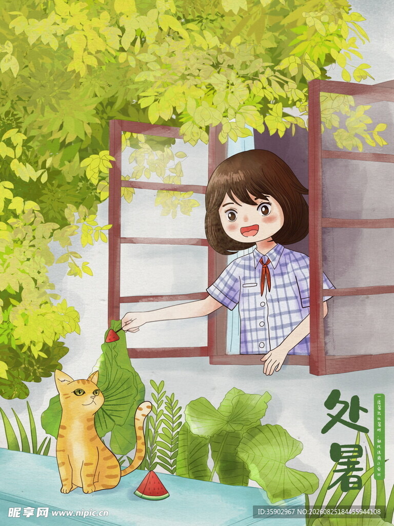 处暑窗边女孩与猫咪的惬意时光