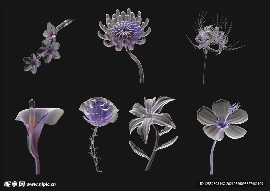 梦幻紫色系花卉插画素材
