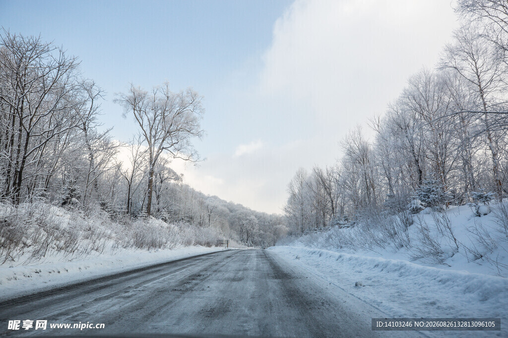 冬日雪覆公路的静谧景象