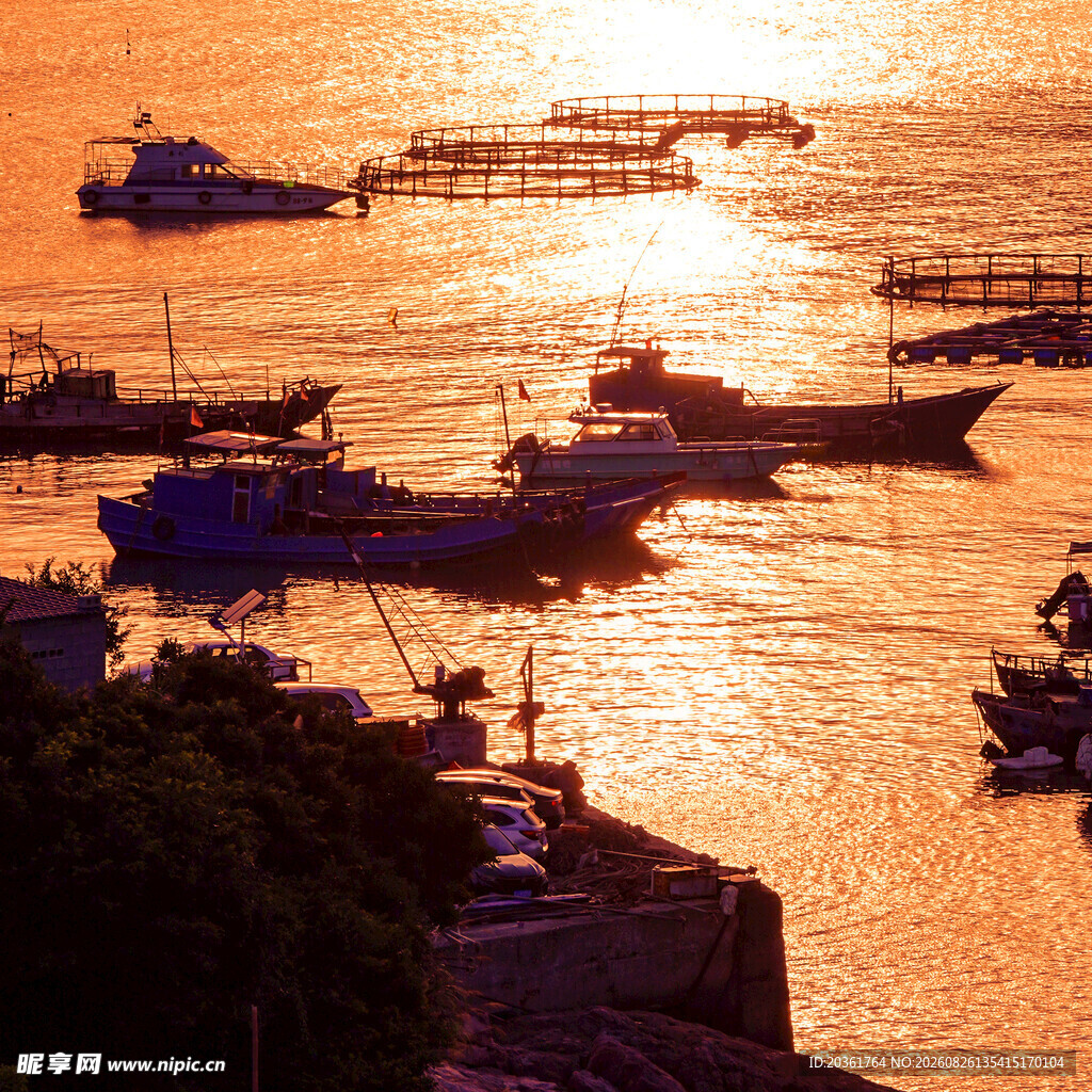 夕阳下港口停泊的船只