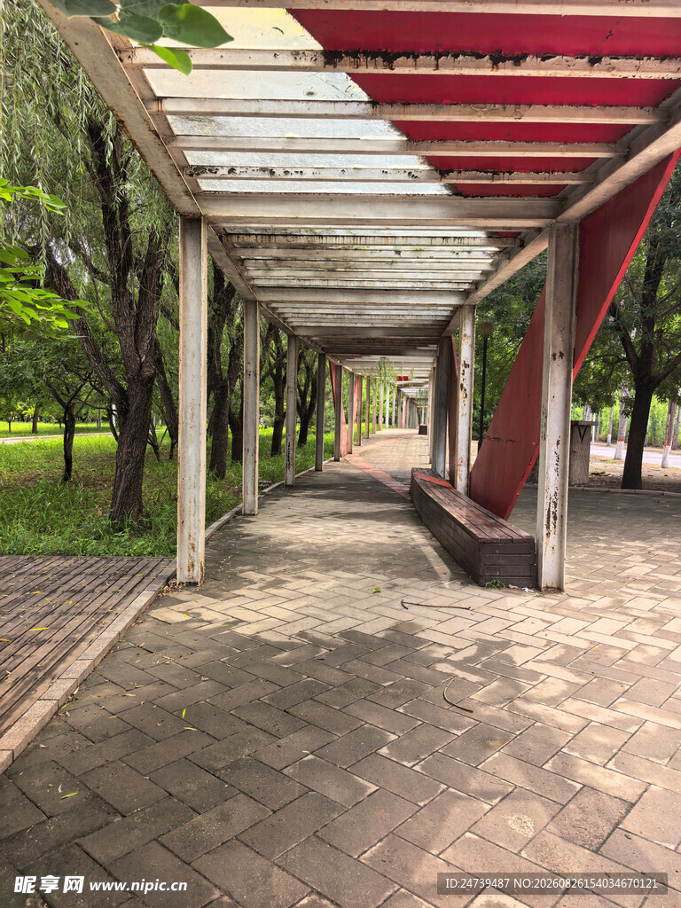 公园木质廊架下的宁静步道