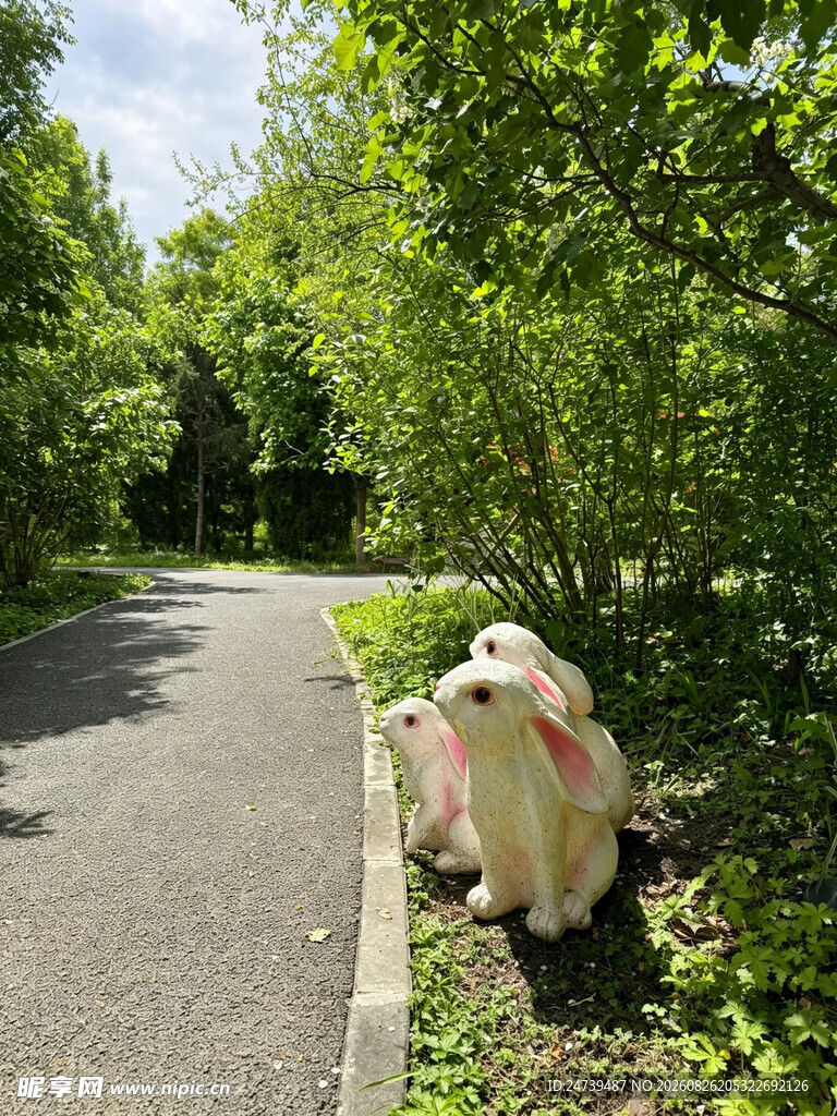 路边可爱萌趣的卡通兔子