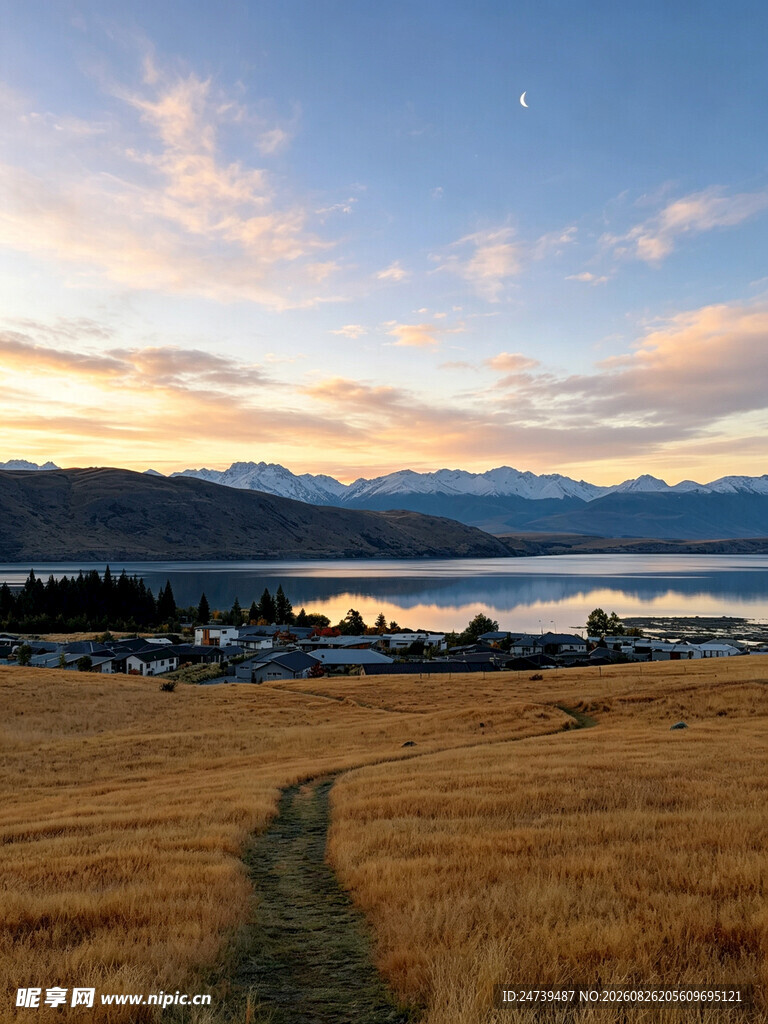 草原湖畔的绝美黄昏景色