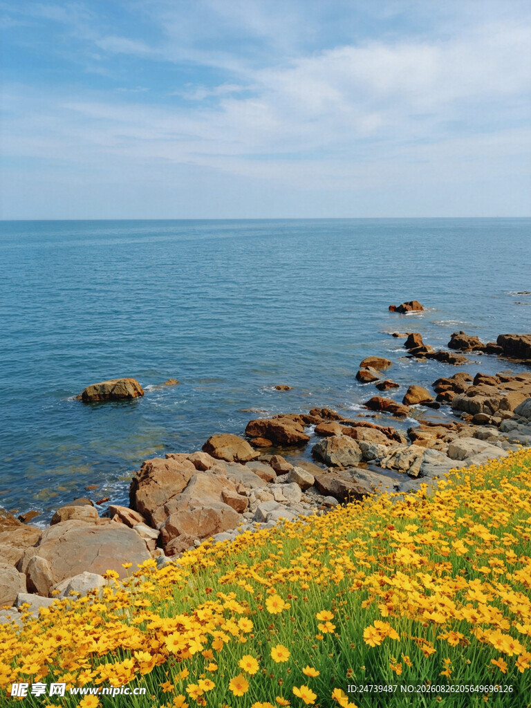 海边黄花与礁石美景