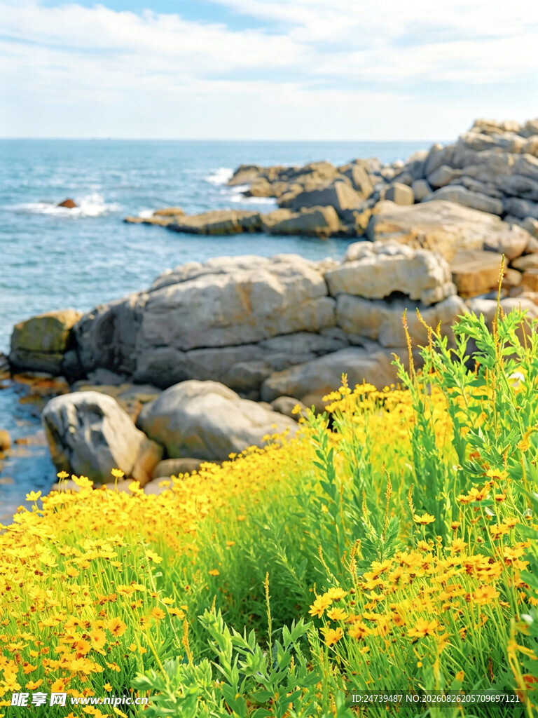海边黄花与岩石美景