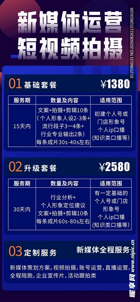 新媒体短视频运营拍摄价目表