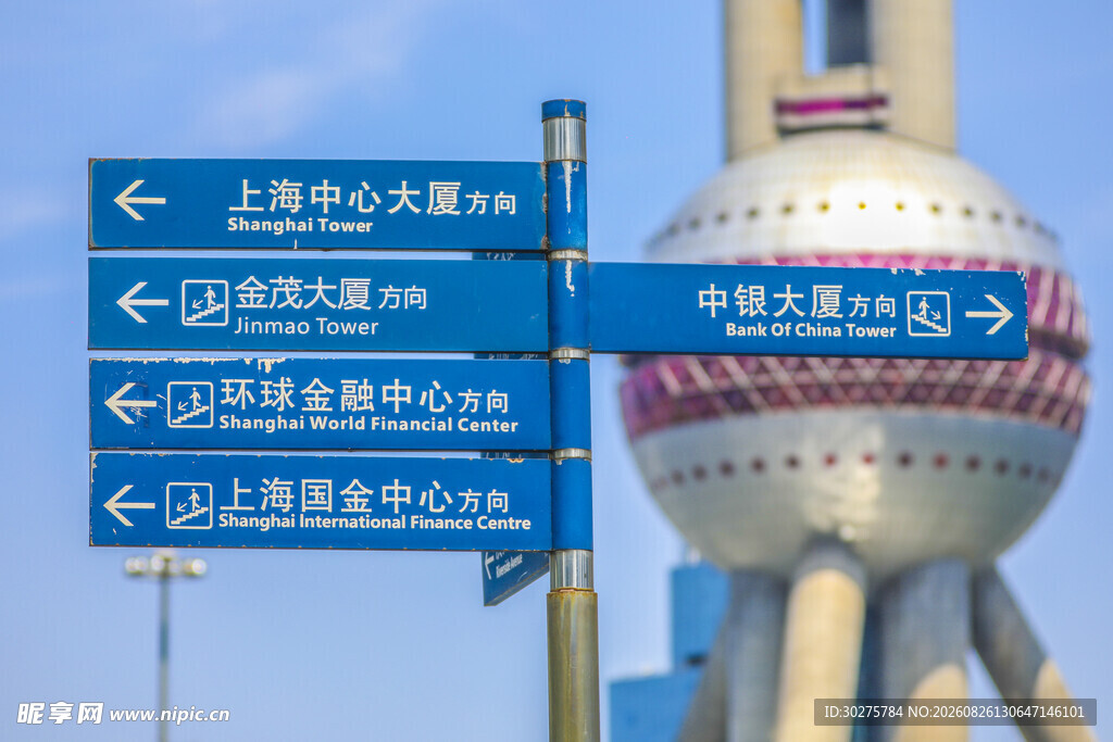 东方明珠旁的道路指示牌