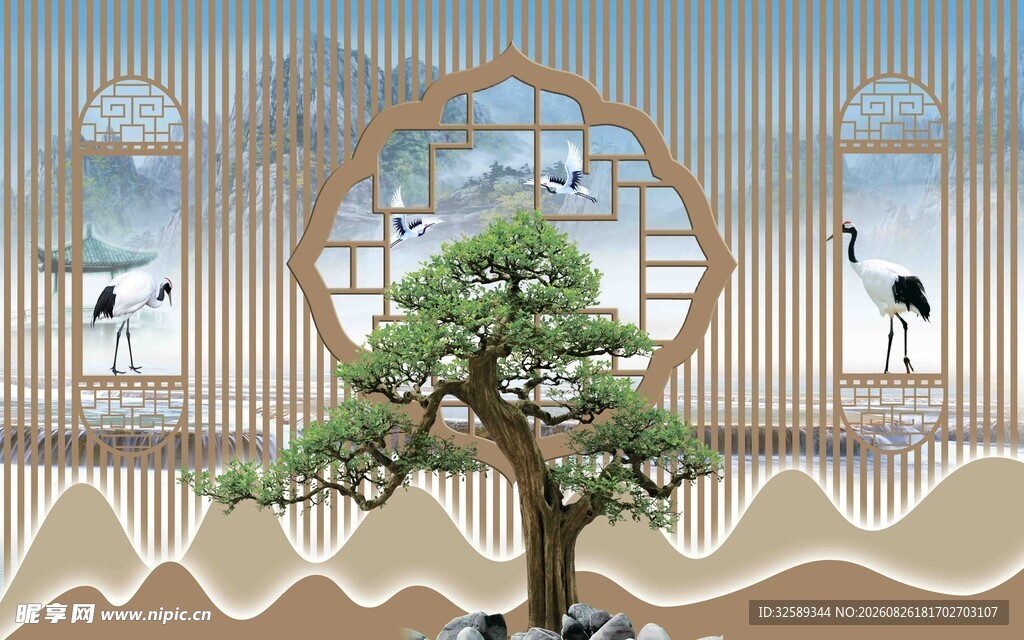 中式窗景下的苍劲盆景树