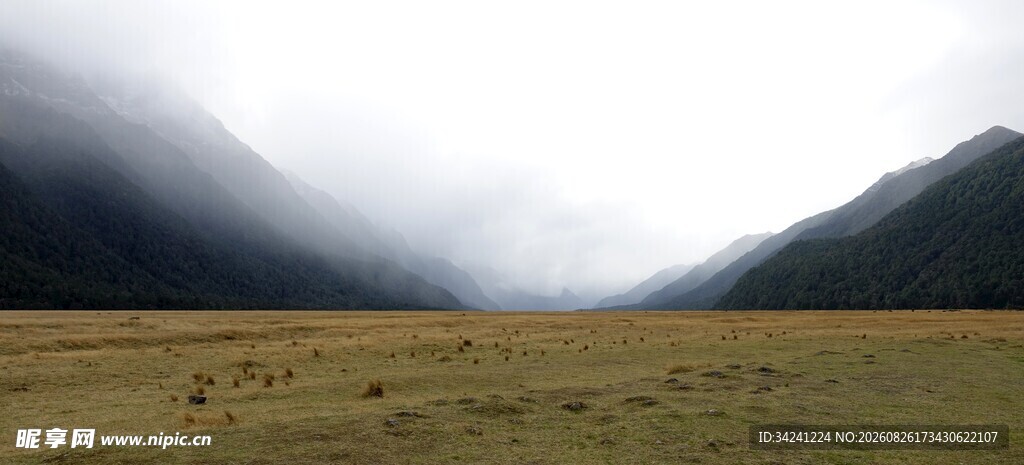 云雾笼罩的开阔山间草地