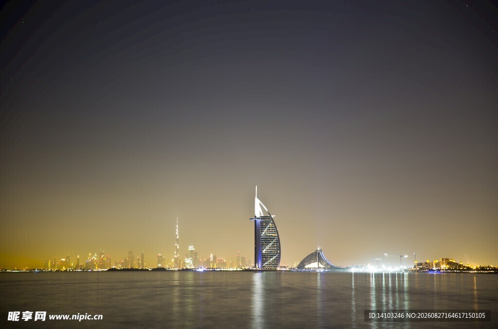 迪拜夜景璀璨城市天际线