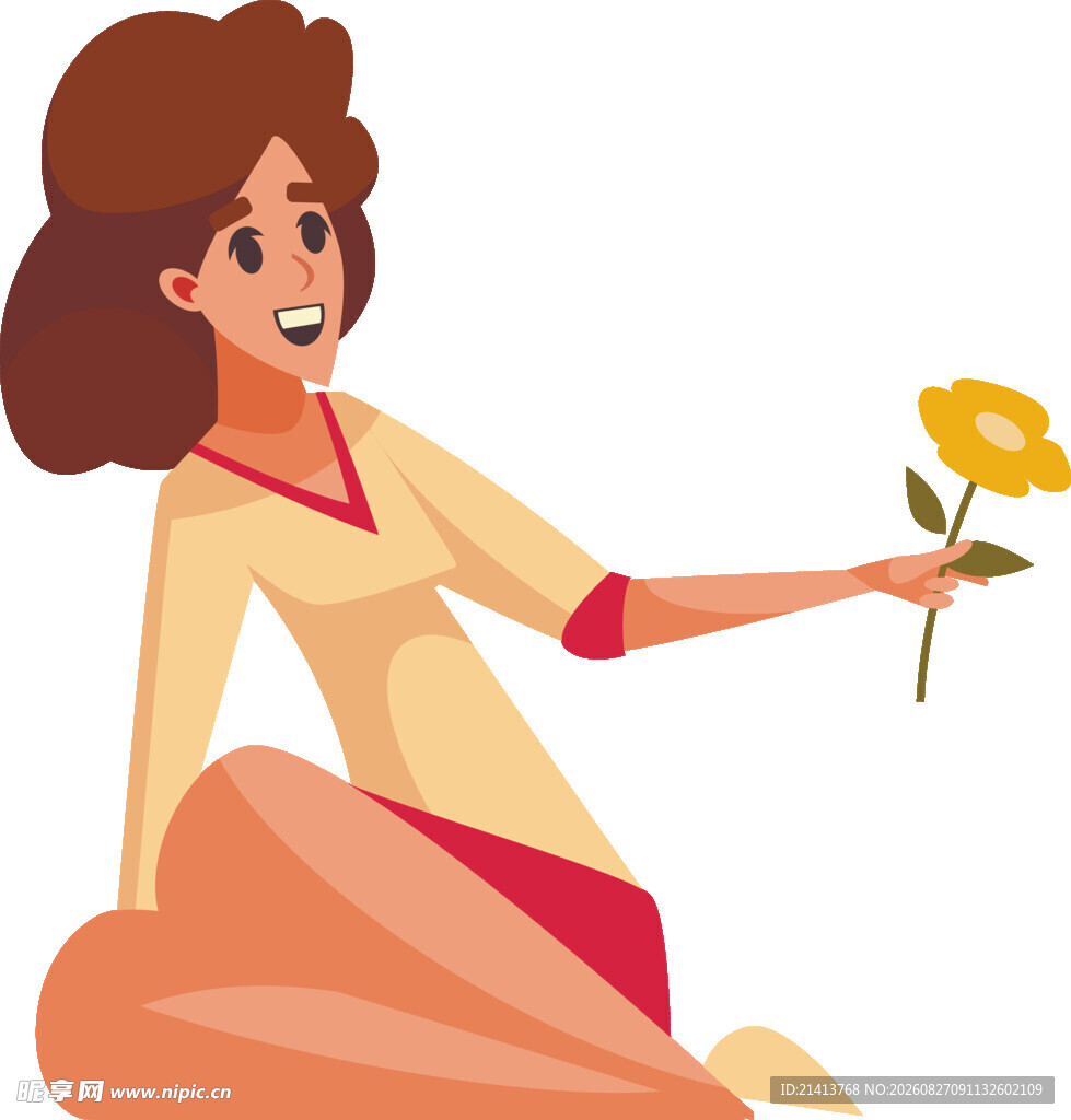 手持黄花的微笑女性