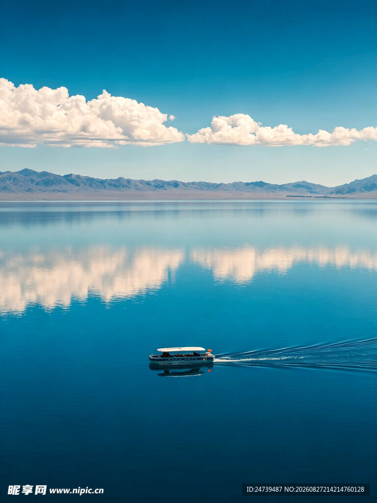 湖面孤舟映蓝天雪山美景
