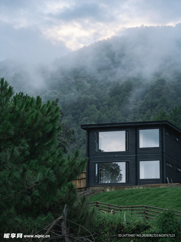 山间云雾中的现代小屋