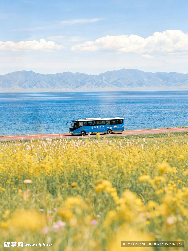 湖畔花海美景
