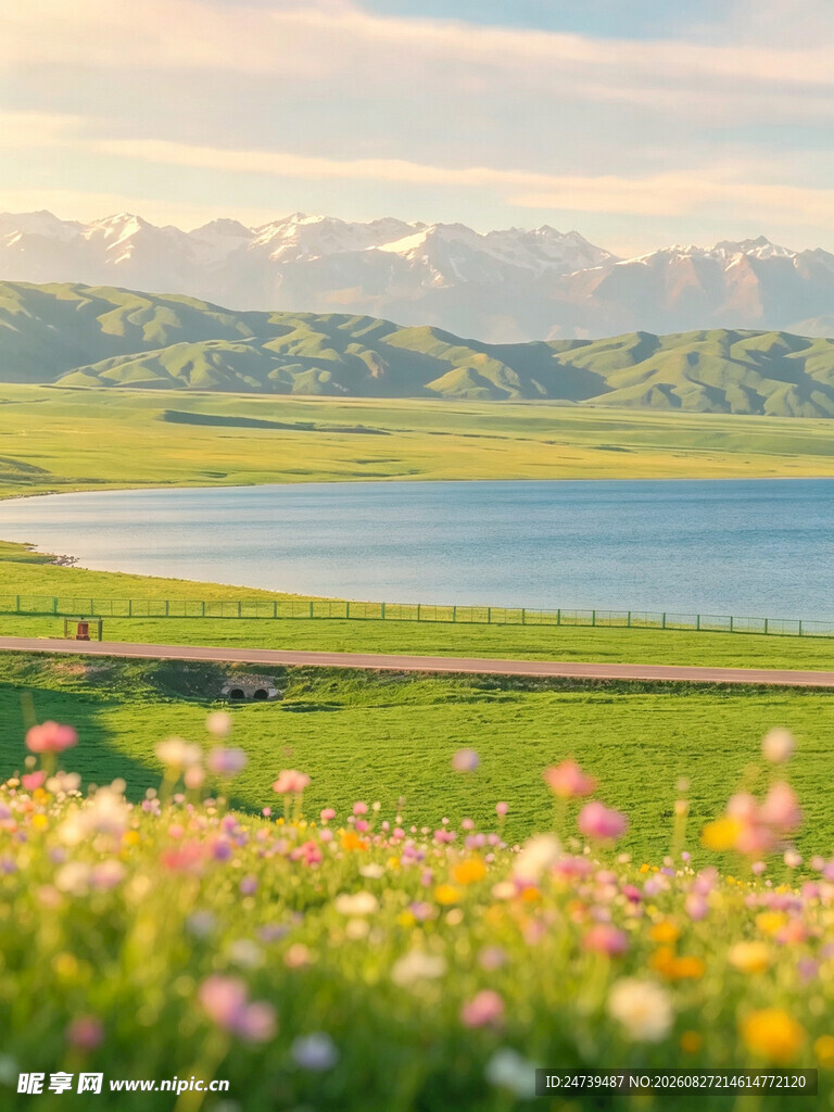 湖畔花海美景