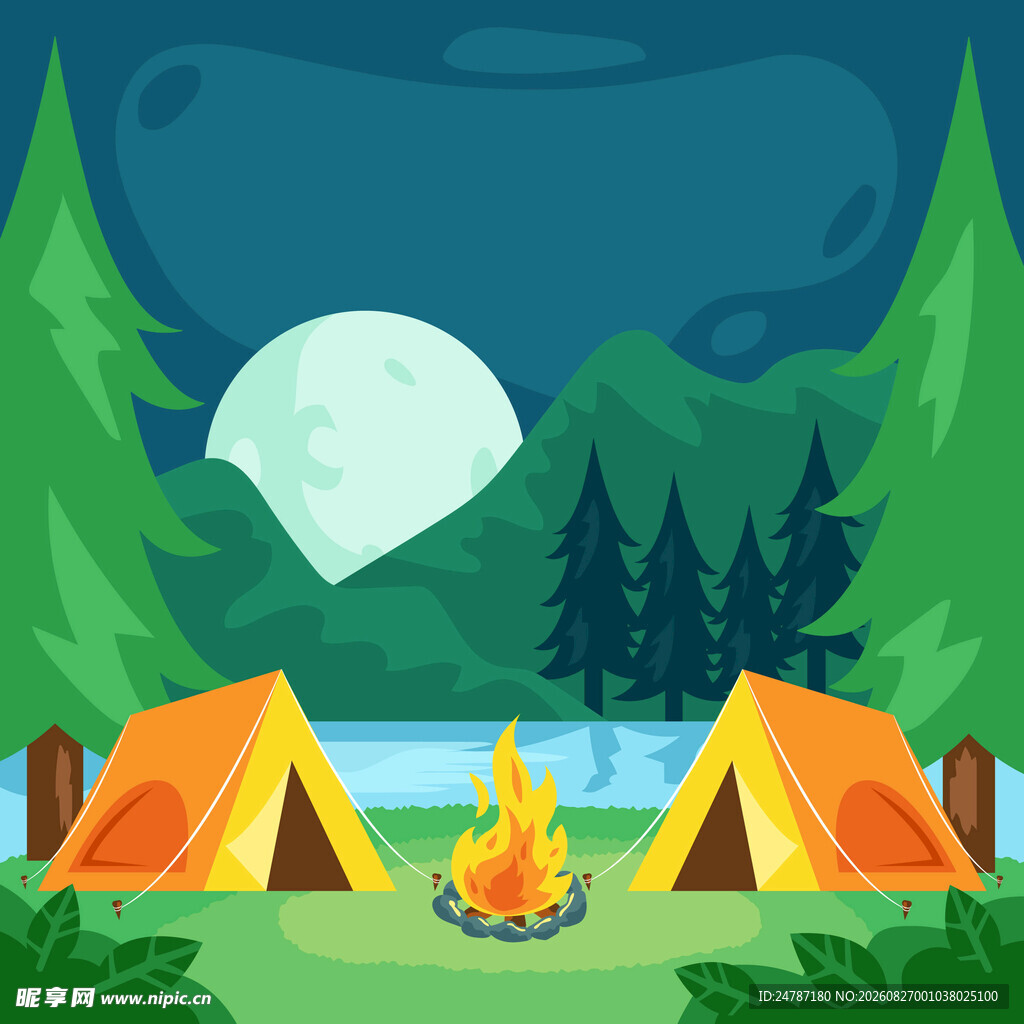 夜晚湖畔露营场景