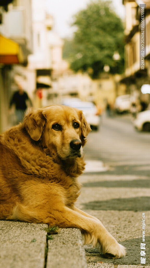 街头趴卧的金毛犬