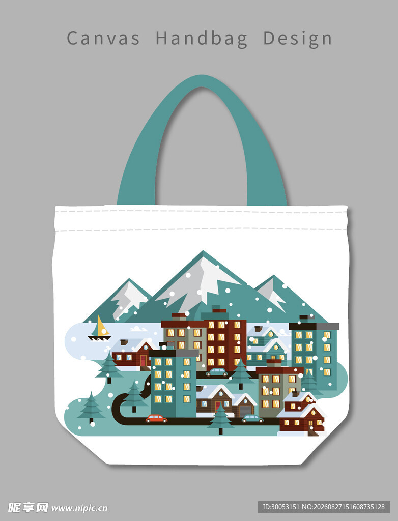 雪山小镇手提袋插画设计