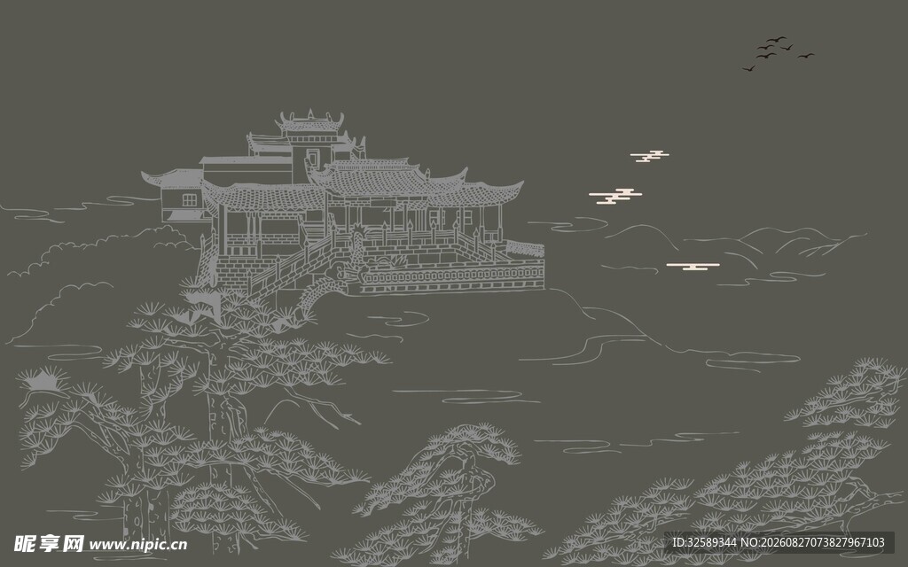 水墨山水古建筑风景图