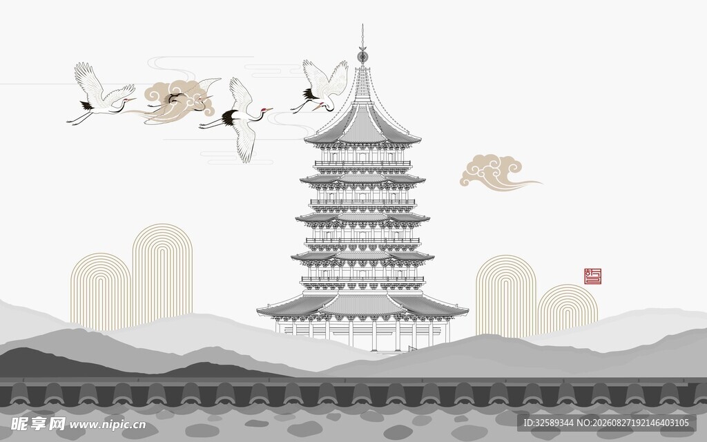 中式古塔与飞鸟风景图