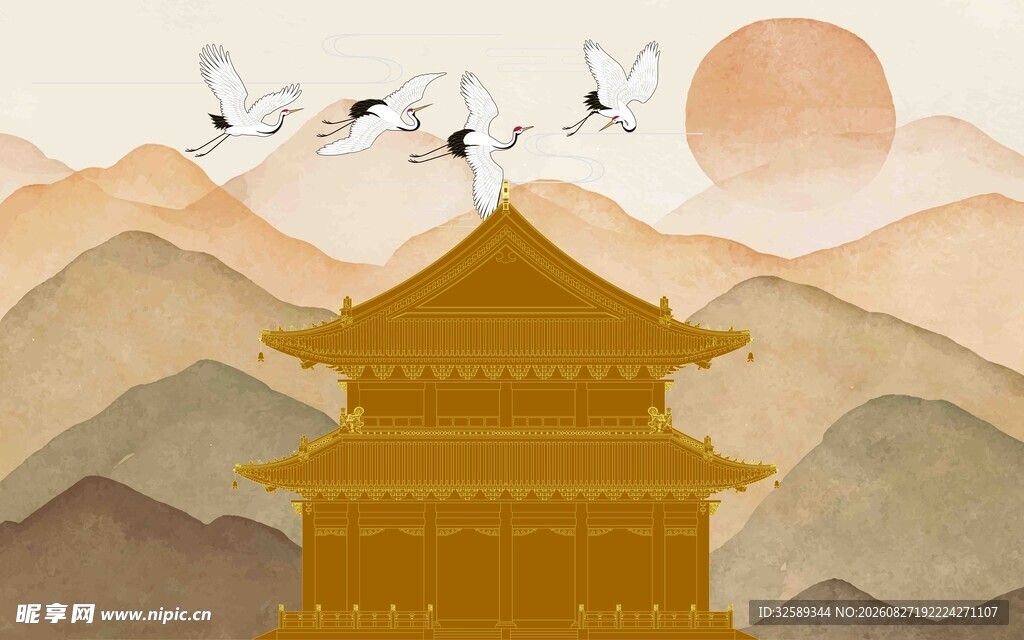 古风楼阁伴鹤于山水间
