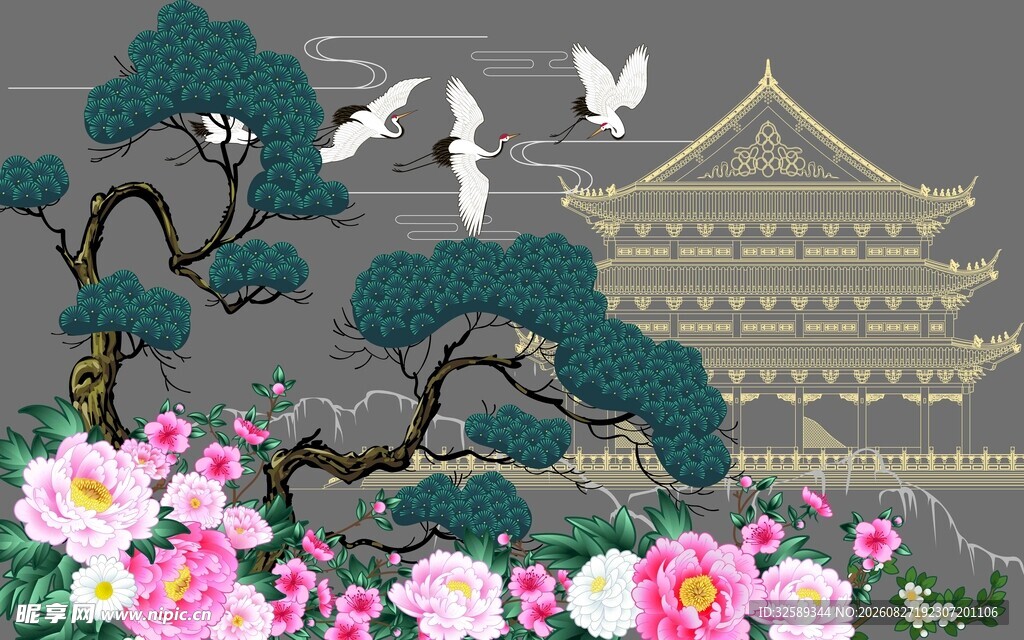 中式园林花鸟景致图