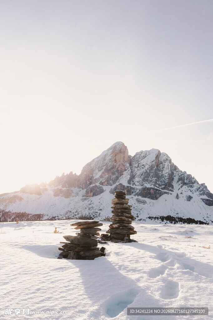冬日雪山下的孤松美景