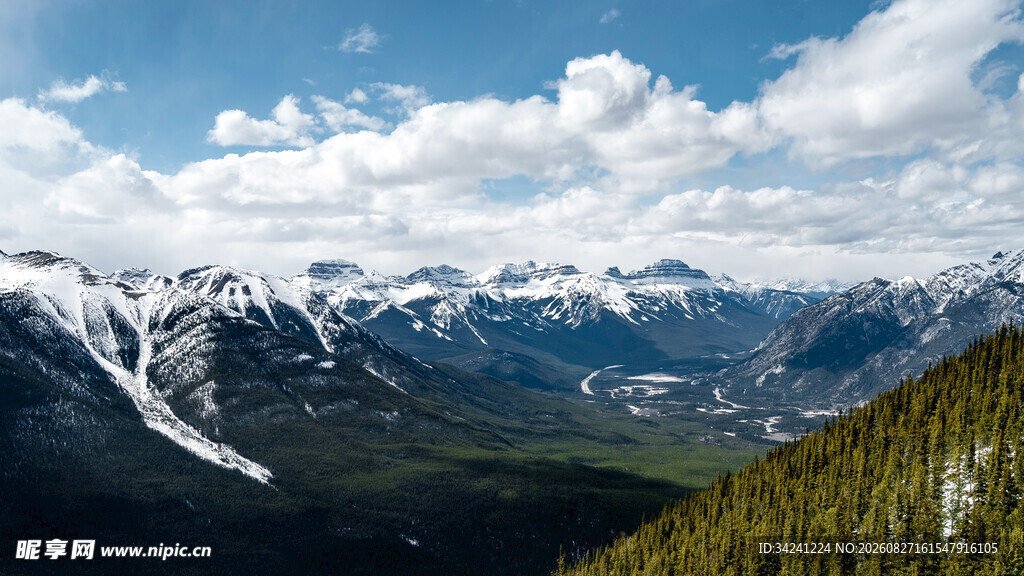壮丽雪山与葱郁山林景观