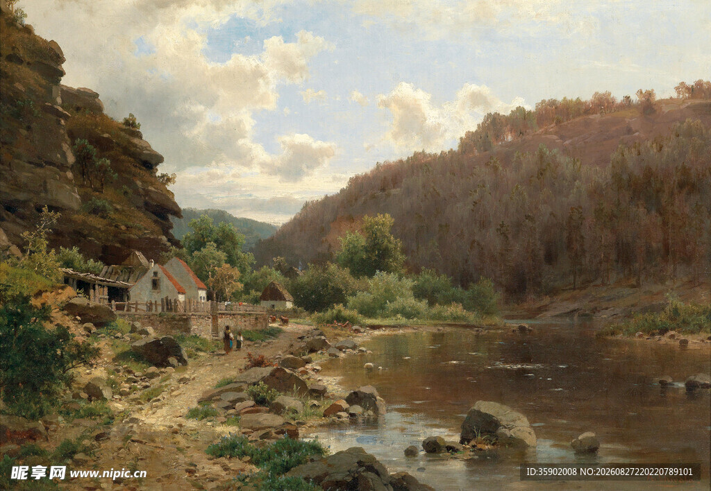 山间溪边风景油画