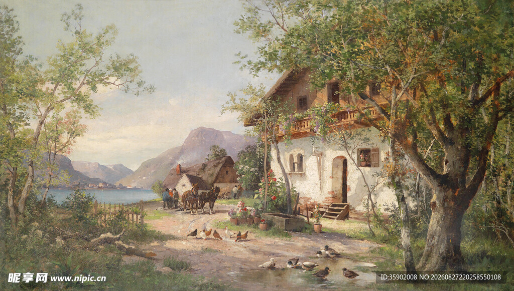 乡村小屋旁的宁静风景