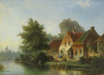河畔小屋风景油画