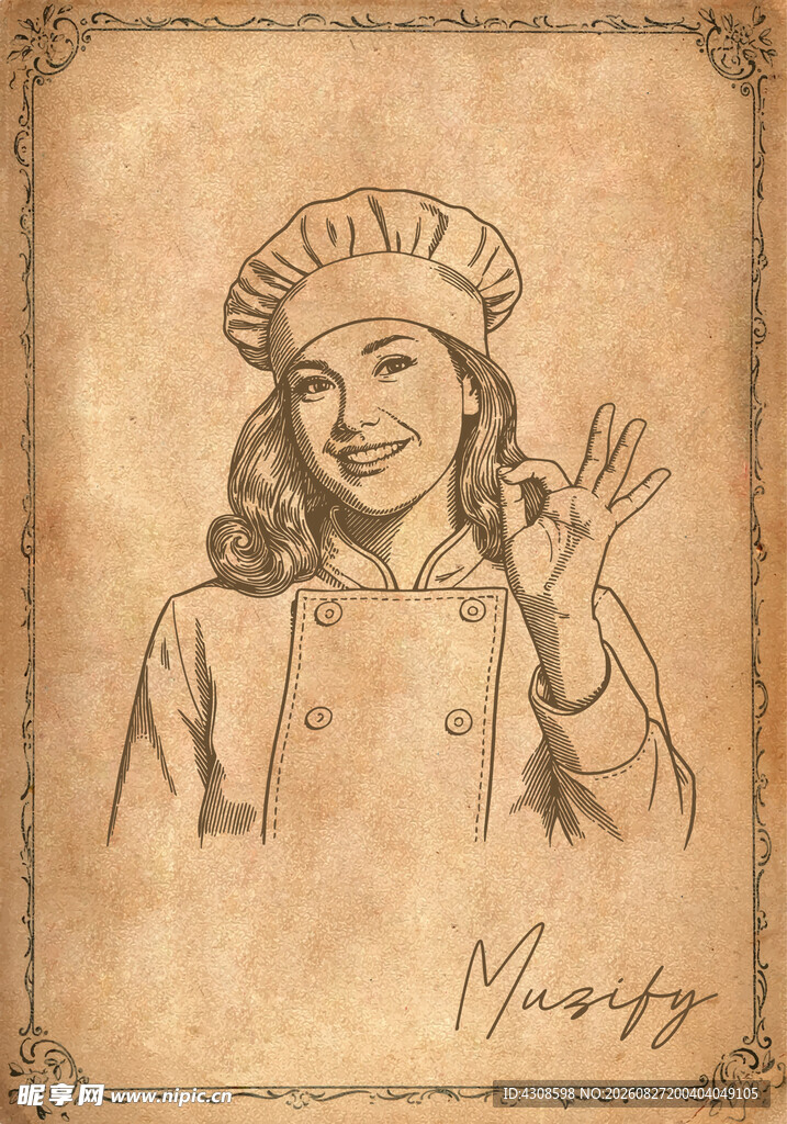 女厨师素描画