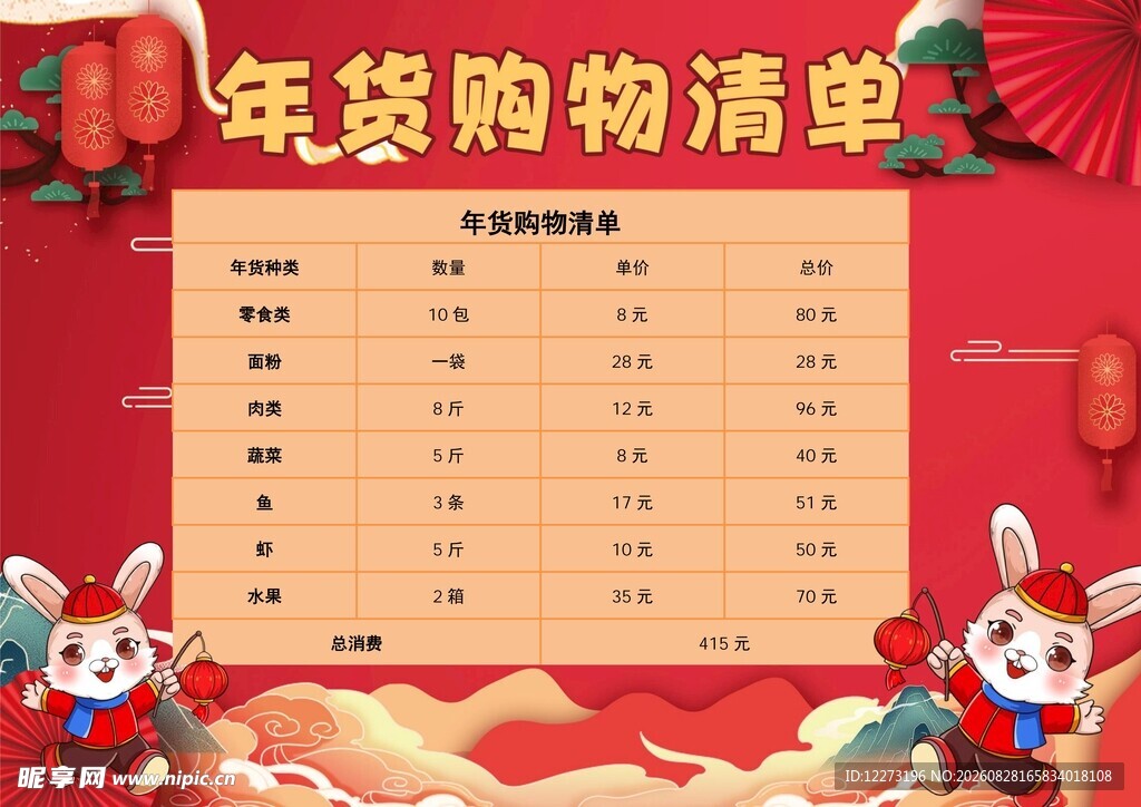 喜庆年货购物清单模板